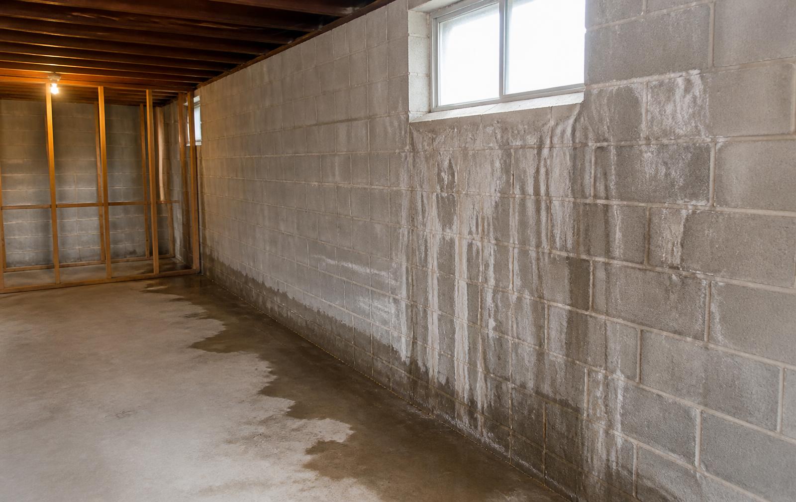 Water seeping down a concrete block basement wall in an older Pennsylvania home